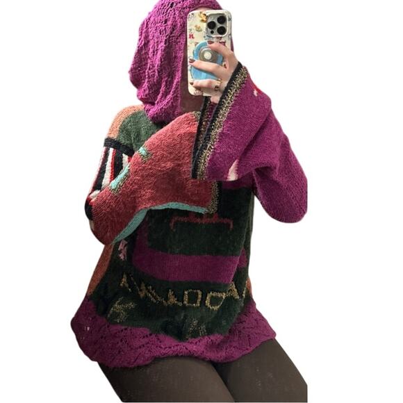 Handmade Madonna Knit Crochet Hooded Sweater Multicolor Bell Sleeve OSFM - Picture 2 of 11